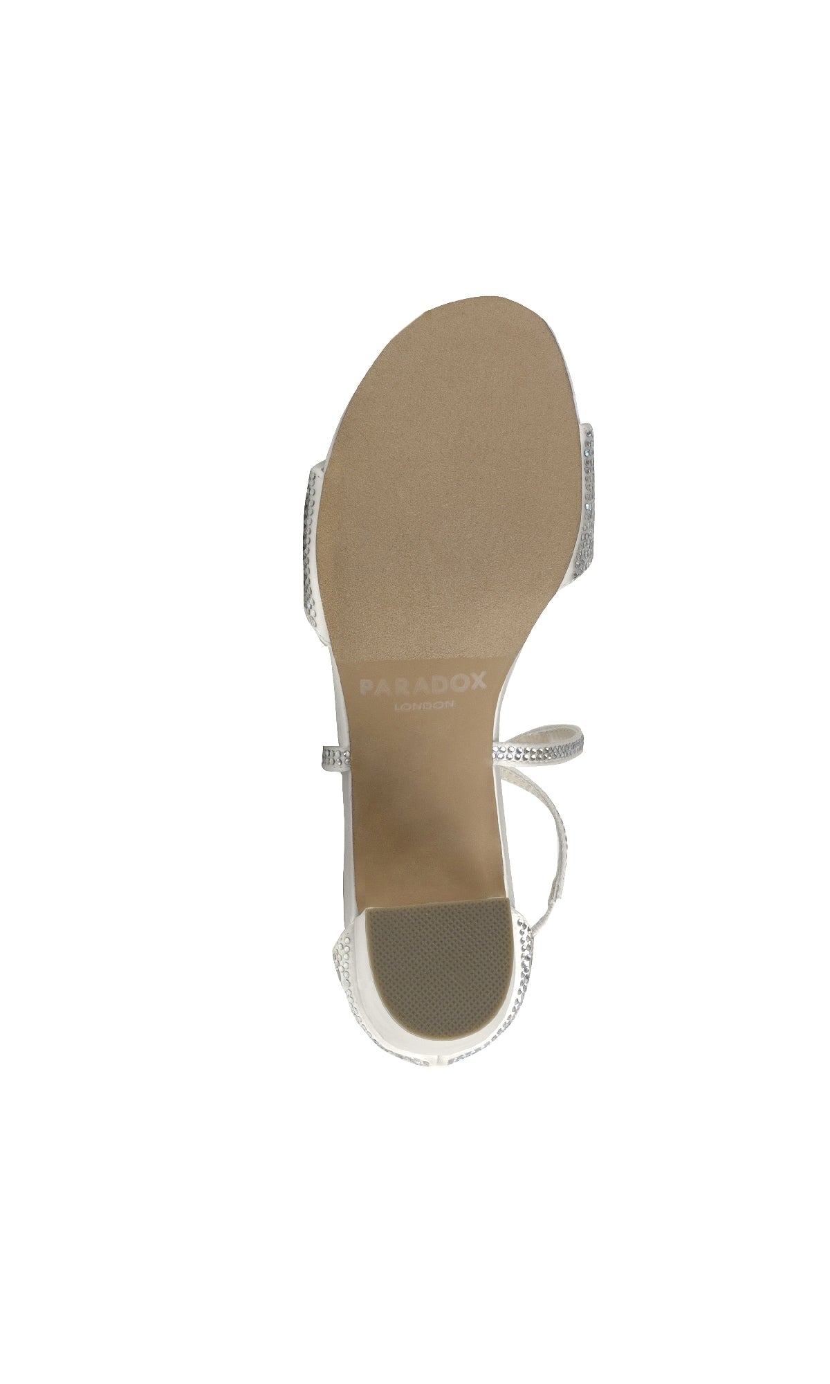 A top-down view of the sole of the Ines Ivory Satin Prom Shoe by Paradox London (P2224), a women’s open-toe style with ankle strap, showing the brand’s name on the insole.